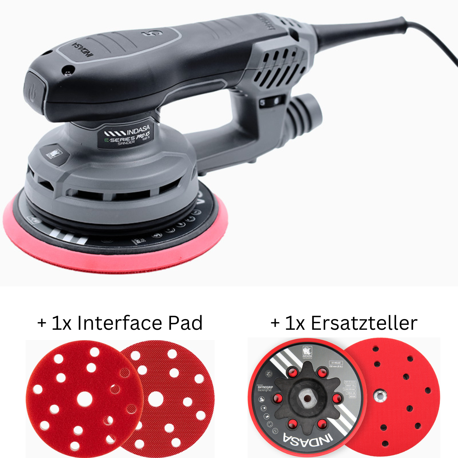 Indasa Exzenter E-Series PRO XS Sander 150mm + extra Schleifteller + Interface Kissen